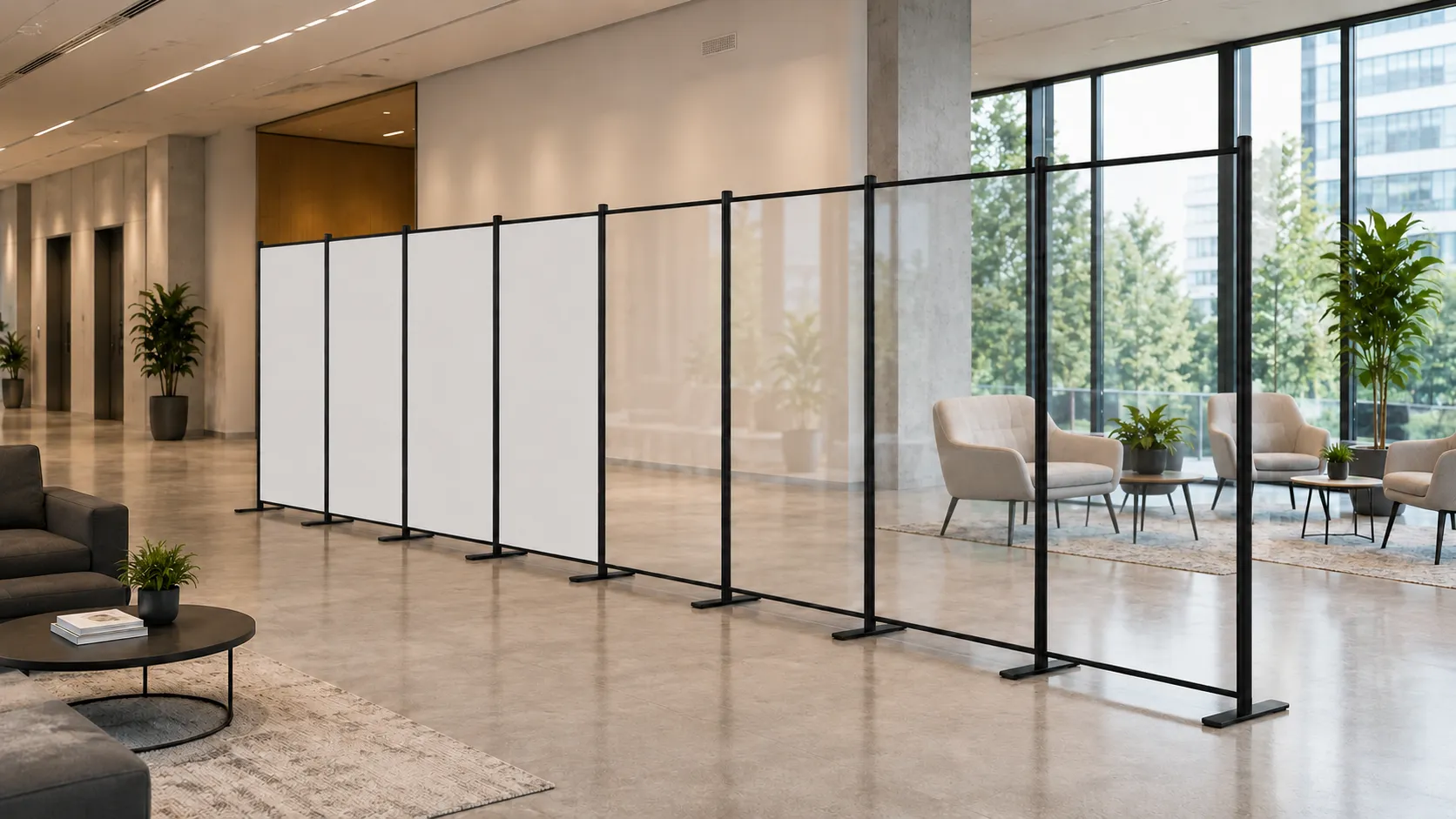 Kombinace průhledných a neprůhledných panelů mobilních dělících stěn Smart